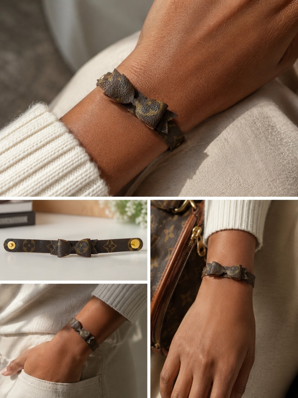 Designer-Inspired Brown Monogram Bow Bracelet